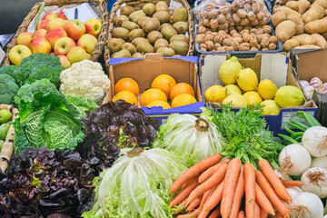 Vegetables and fruits for sale at a market