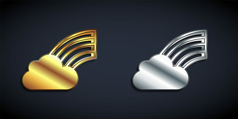 Gold and silver Rainbow with cloud icon isolated on black background. Happy Saint Patricks day. National Irish holiday. Long shadow style. Vector