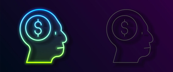 Glowing neon line Business man planning mind icon isolated on black background. Head with dollar. Idea to earn money. Business investment growth. Vector