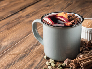 Christmas hot drink mulled wine on the table. Copy space.
