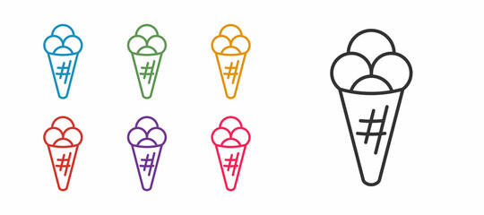 Set line Ice cream in waffle cone icon isolated on white background. Sweet symbol. Set icons colorful. Vector