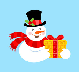 Cheerful snowman with anti-stress fashionable toy. New Year. Vector illustration