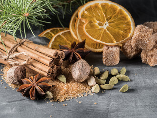 A set of spices for mulled wine. Cinnamon sticks, anise stars, nutmeg, brown sugar. Copy space.