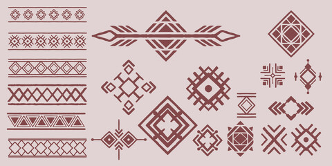 Set of tribal decorative elements isolated on white background. Geometric tribal hand drawn. Ethnic collection. Artistic collection of vector design elements