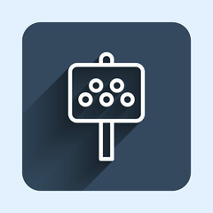 White line Road sign for a taxi stand icon isolated with long shadow background. Blue square button. Vector