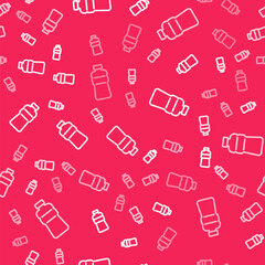 White line Bottle of water icon isolated seamless pattern on red background. Soda aqua drink sign. Vector