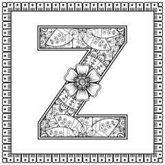Letter Z made of flowers in mehndi style. coloring book page. outline hand-draw vector illustration.