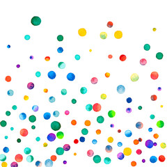 Watercolor confetti on white background. Admirable rainbow colored dots. Happy celebration square colorful bright card. Bizarre hand painted confetti.
