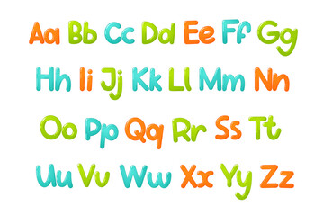Colorful children font. Glossy kids alphabet in cartoon style. Vector typography for school, preschool and kindergarten design.