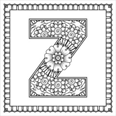 Letter Z made of flowers in mehndi style. coloring book page. outline hand-draw vector illustration.