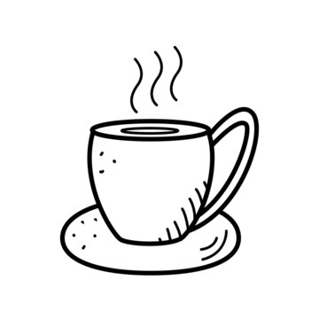 A cup with a saucer of coffee or hot tea icon, vector illustration of a doodle. Concept warming drink.