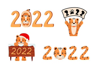 Set Cute symbol of the new year 2022 is a tiger. Funny cartoon tiger vector illustration. Greeting card concept Happy New Year and Christmas.