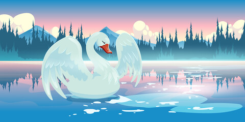 Swan on lake morning nature landscape, scenery view with beautiful white bird swim at calm pond with mountains and conifers trees under pink sky with fluffy clouds. Cartoon parallax vector background © klyaksun