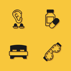 Set Earplugs and ear, Eye sleep mask, Big bed and Sleeping pill icon with long shadow. Vector