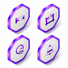 Set Isometric Bed, Pillow, Alarm clock and Ringing bell icon. Purple hexagon button. Vector