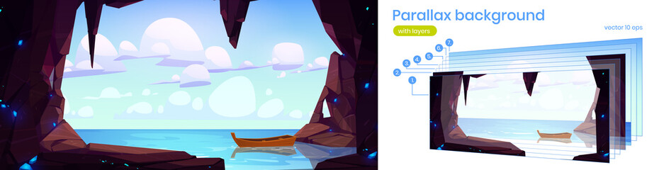 Fototapeta na wymiar Parallax background cave seaview 2d landscape with wood boat float on water surface. Cartoon nature scenery view with hole in rock, ocean and clouds in blue sky separated layers, Vector game scene