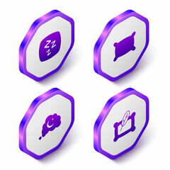 Set Isometric Sleepy, Pillow, Dreams and icon. Purple hexagon button. Vector