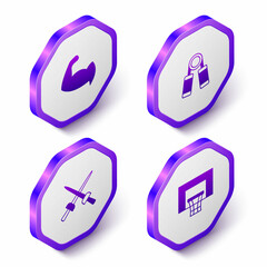Set Isometric Bodybuilder showing his muscles, Sport expander, Fencing and Basketball backboard icon. Purple hexagon button. Vector