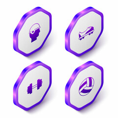 Set Isometric Baseball helmet, Football shoes, Dumbbell and Volleyball icon. Purple hexagon button. Vector
