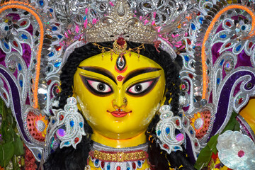 Durga Puja - Face of goddess Durga, Durga thakur of Kolkata, India.