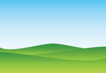 Fototapeta na wymiar Green nature landscape and blue sky.Field and meadow.Hills and grass.Park or outdoor.Golf courses.Summer background.Garden or turf.Farm and countryside scenery.Cartoon vector illustration.Wallpaper.