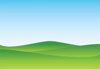Poster Groene natuur landschap en blauwe hemel. Veld en weide. Heuvels en gras. Park of buiten. Golfbanen. Zomer achtergrond. Tuin of gras. Boerderij en platteland landschap. Cartoon vectorillustratie. Behang. © wanpiya