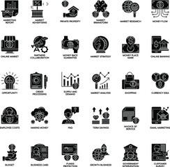 Black and white Market and Economy flat vector icon collection set