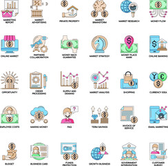 Market and Economy flat vector icon collection set color