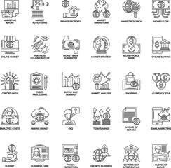 Outline Market and Economy flat vector icon collection set