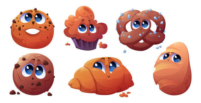 Cute bakery characters, cake, chocolate cookie, bread loaf and croissant. Vector cartoon set of funny sweet pastry food, muffin, donut and pretzel isolated on white background