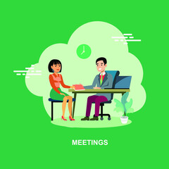 Meetings with young man and beautiful girl having discussion in office flat concept design