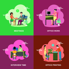 Meetings ofice work interview time printing at office flat concept vector collection design