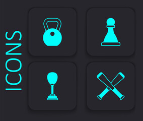 Set Crossed baseball bat, Weight, Chess and Punching bag icon. Black square button. Vector