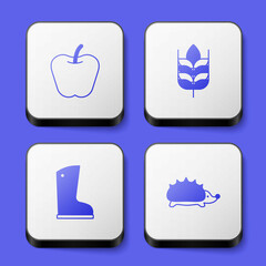 Set Apple, Wheat, Waterproof rubber boot and Hedgehog icon. White square button. Vector