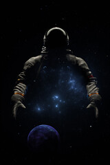 Astronaut in spacesuit against the background planet space stars and nebula. Cosmonaut Space exploration, silhouette of astronaut. 3d render