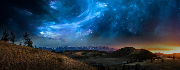 Mountain landscape fantastic cosmos galaxies stars planets and nebulae.  Sunset and unreal night...