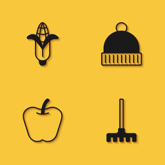 Set Corn, Garden rake, Apple and Winter hat icon with long shadow. Vector