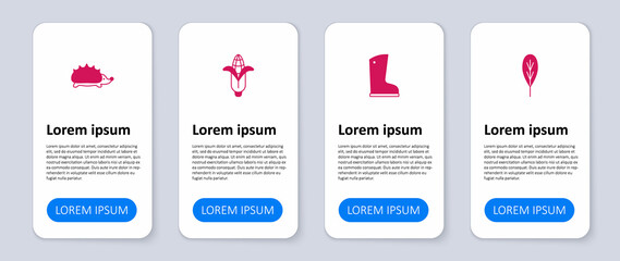 Set Leaf, Waterproof rubber boot, Corn and Hedgehog. Business infographic template. Vector