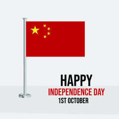 China happy national day greeting card, banner vector illustration. Chinese holiday 1st of October design element with waving flag on flagpole
