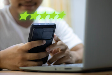 Customer evaluation feedback. men Giving Positive Review for Client's Satisfaction Surveys. giving a five star rating. Service rating, satisfaction concept, Customer Experience for good services.
