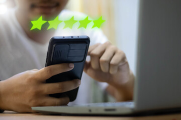 Customer evaluation feedback. men Giving Positive Review for Client's Satisfaction Surveys. giving a five star rating. Service rating, satisfaction concept, Customer Experience for good services.