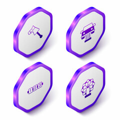 Set Isometric Toy horse, Swing car, Education logic game and Ferris wheel icon. Purple hexagon button. Vector