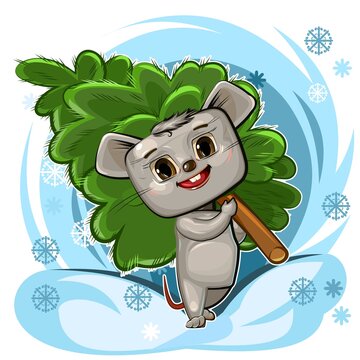 Mouse carries Christmas tree. Cheerful cartoon character. Good natured animal is preparing for the New Year. Walking along trail among snowdrifts. Snow falls. Snowflakes. Vector