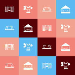 Set pop art Swedish wall, Swing plane, Monkey bar and Sandbox with sand icon. Vector