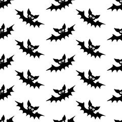 Flying bats seamless pattern. Cute Spooky vector Illustration. Halloween backgrounds and textures in flat cartoon gothic style. Black silhouettes animals on sky.