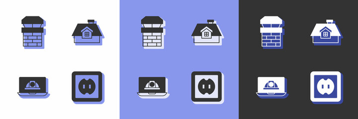 Set Electrical outlet, Chimney, Worker safety helmet and House icon. Vector