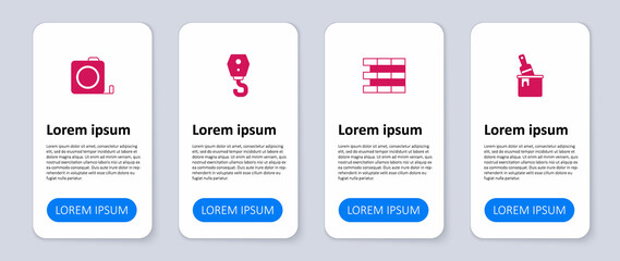 Set Paint bucket with brush, Bricks, Crane hook and Roulette construction. Business infographic template. Vector