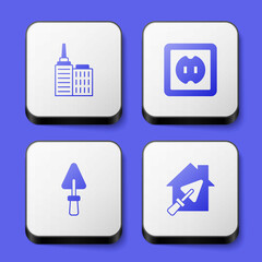 Set City landscape, Electrical outlet, Trowel and House with trowel icon. White square button. Vector