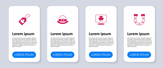 Set Horseshoe, Clover trefoil leaf, Leprechaun hat and with tag. Business infographic template. Vector