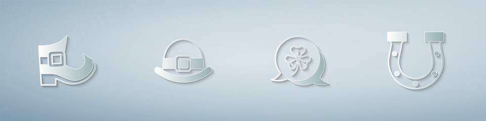 Set Leprechaun boot, hat, Clover trefoil leaf and Horseshoe. Paper art style. Vector